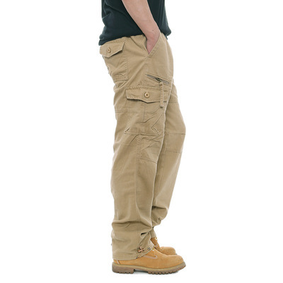 Men's Casual Cotton Work Pants With Elastic Waist, Large Size, Multi-Pocket, Loose Fit, Long Pants For Construction Site