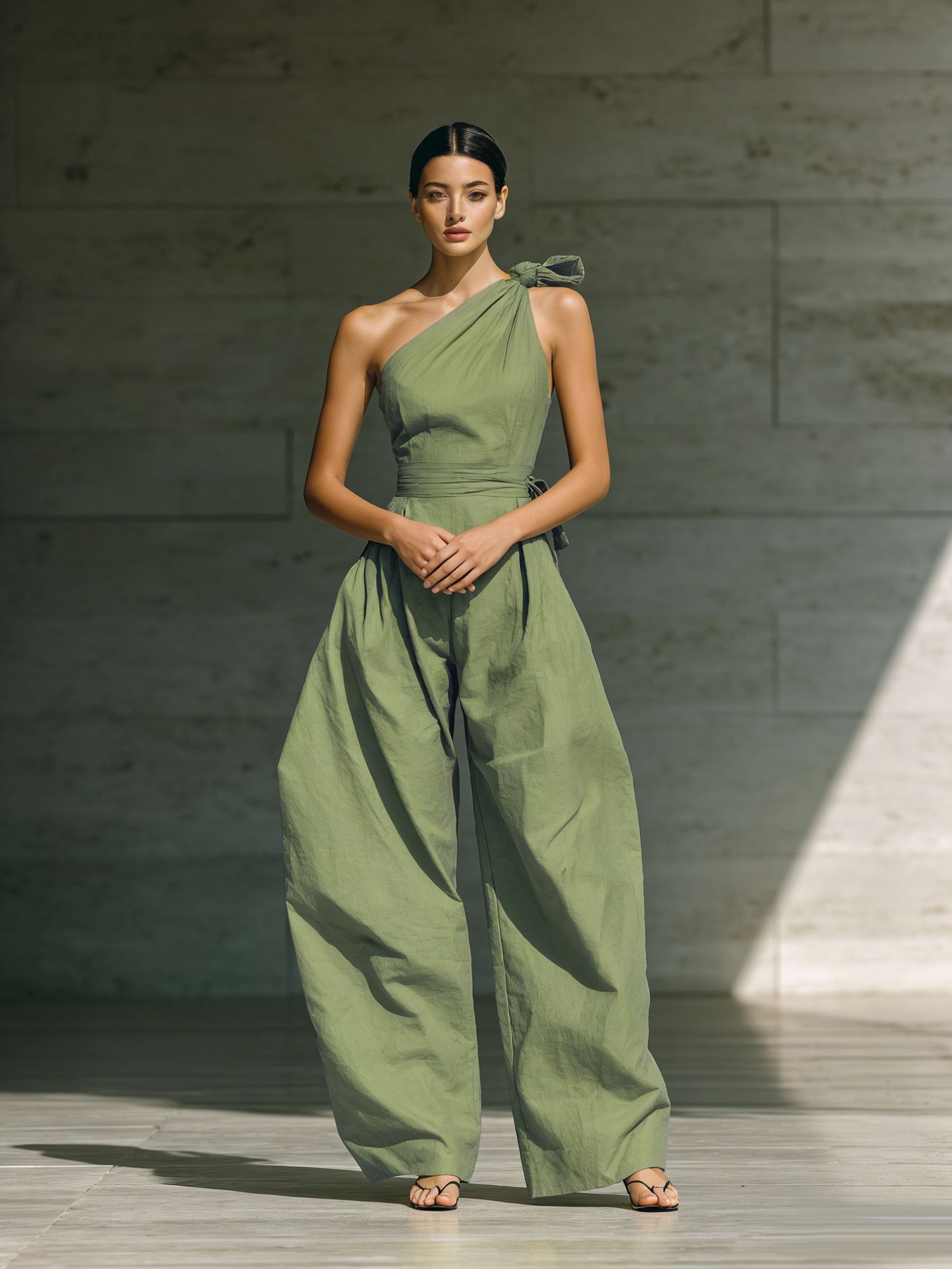 Stylish Women's Waist-Cinching One-Shoulder Tie-Up Ruched Loose Sleeveless Pocket Jumpsuit Vacation Style Dress Vacation Style