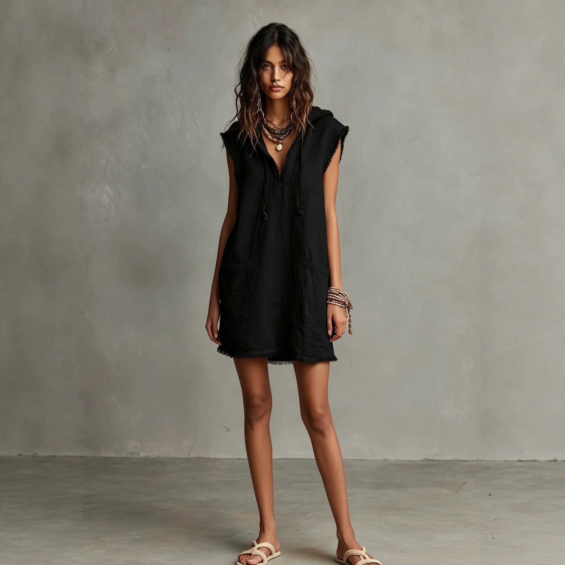 Minimalist Linen Blend Mini Dress, Hooded Sleeveless Lace Trim Solid Color Dress