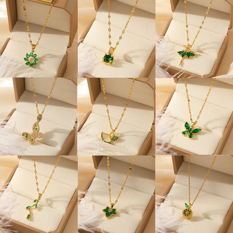 Colier din oțel inoxidabil cu sticlă verde, accesoriu feminin versatil și de lux, bijuterie elegantă și simplă cu lanț la claviculă