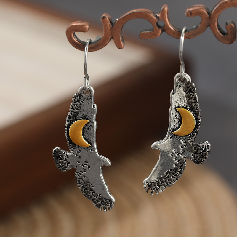 Vintage Bird Moon Drop Earrings Silver Gold