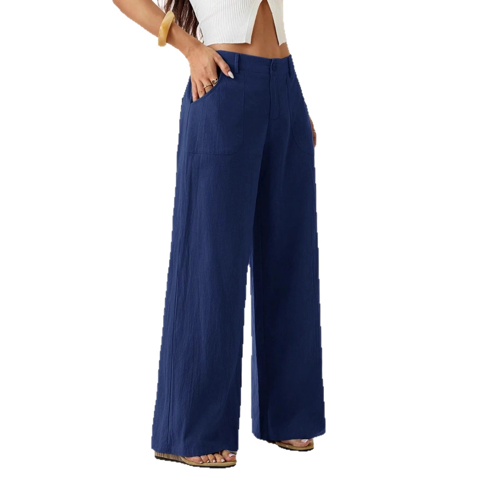2026 New Style Women's Cotton Linen Wide Leg Pants, Mid Rise, Casual And Commuter Style, Solid Color With Pockets — image 4 of 17