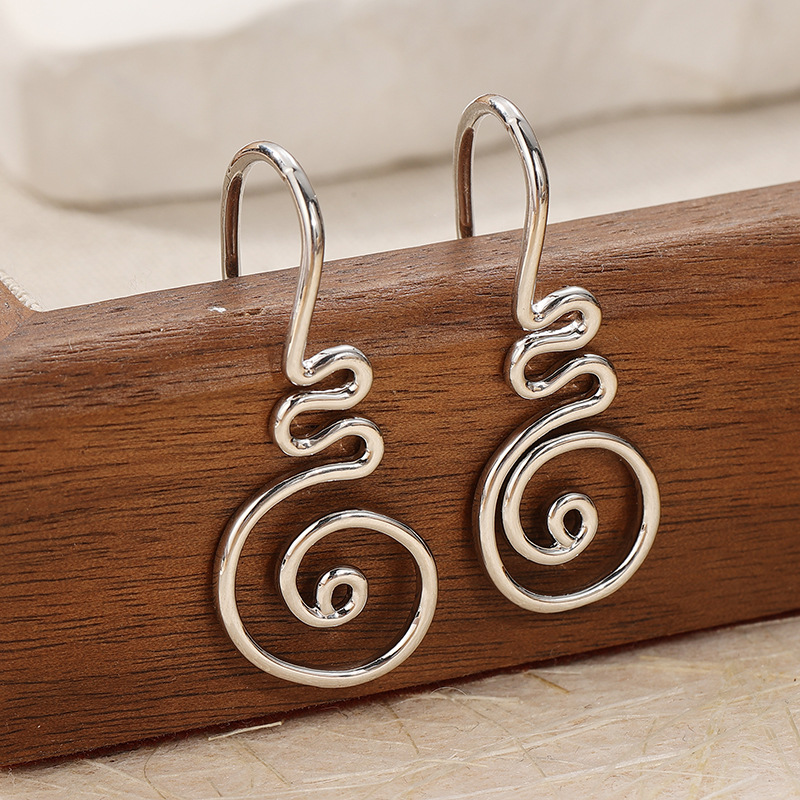 Minimalist Spiral Drop Earrings Silver Tone Brass