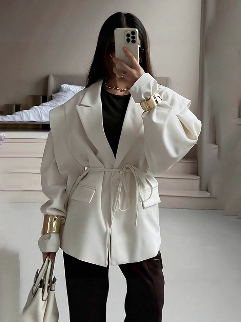 Amazon 2025 New Autumn And Winter Cross-Border European And American Fashion Waist Slimming Look Lace-Up Loose Versatile V-Neck Jacket For Women