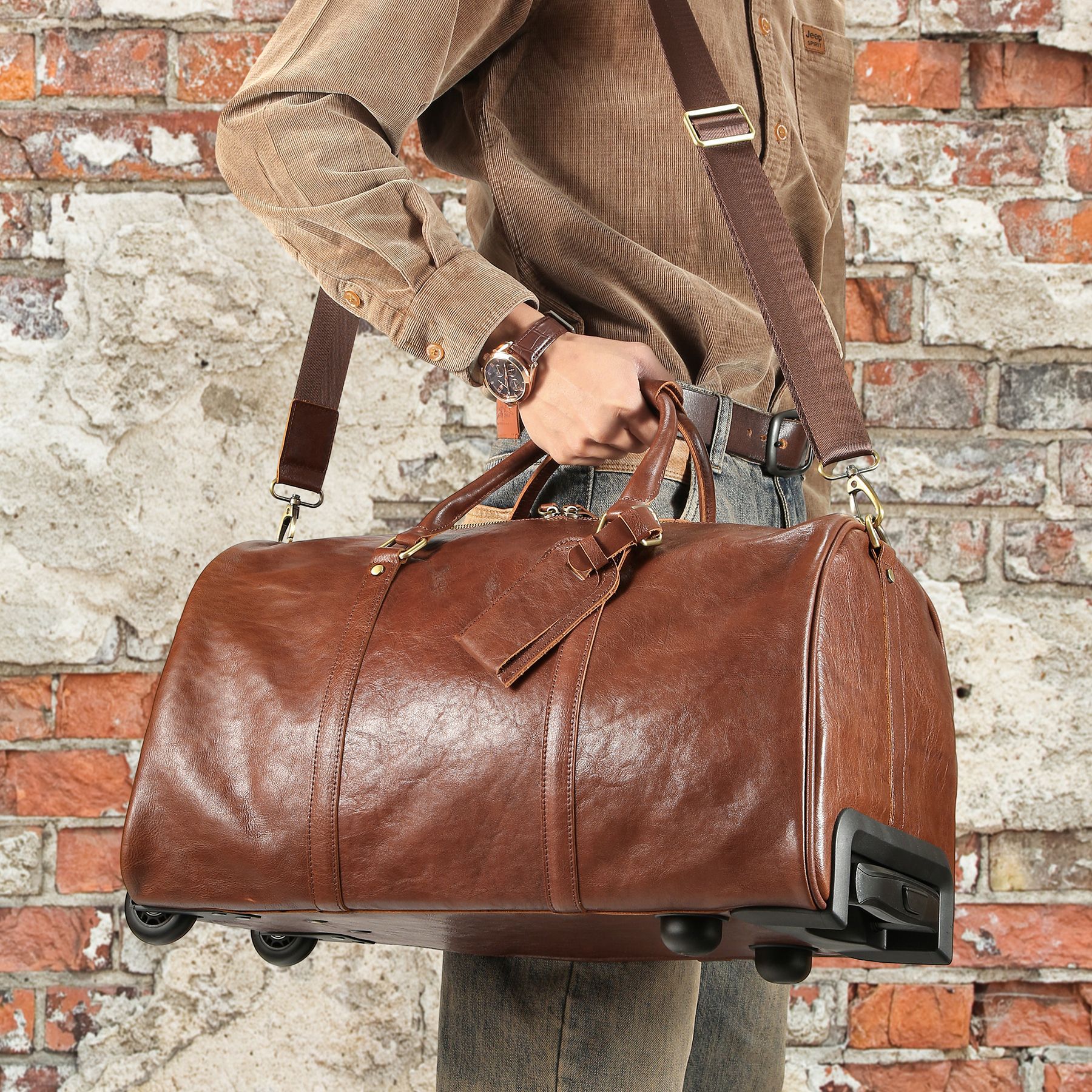 New Crazy Horse Leather Trolley Travel Bag, Retro Genuine Leather Travel Bag, Large Capacity Business Travel Luggage