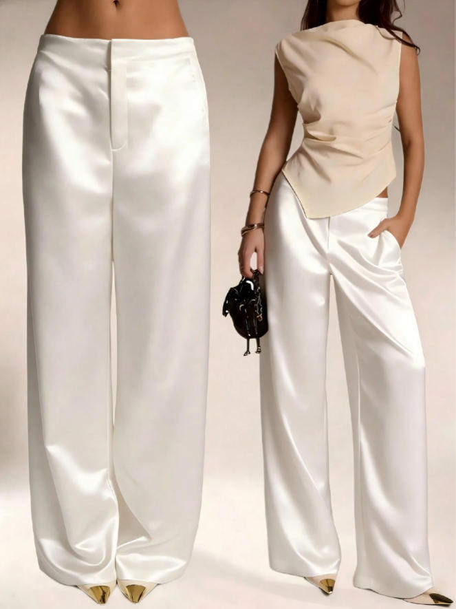 Cross-Border Foreign Trade Women's Clothing, High-End Satin Solid Color Wide-Leg Pants, Drapey Slimming Workwear Style Long Pants