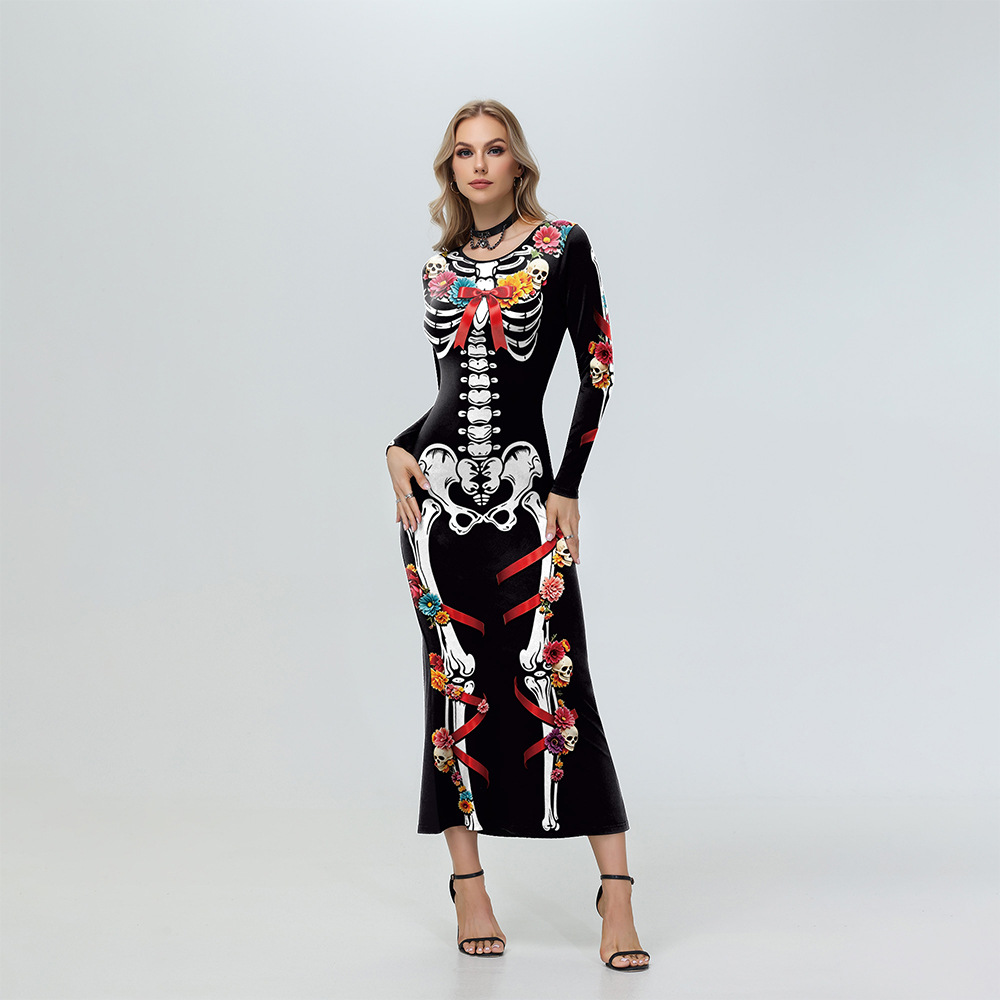 Mexican Day Of The Dead Skeleton Flower Bow Print Long Sleeve Mermaid Dress