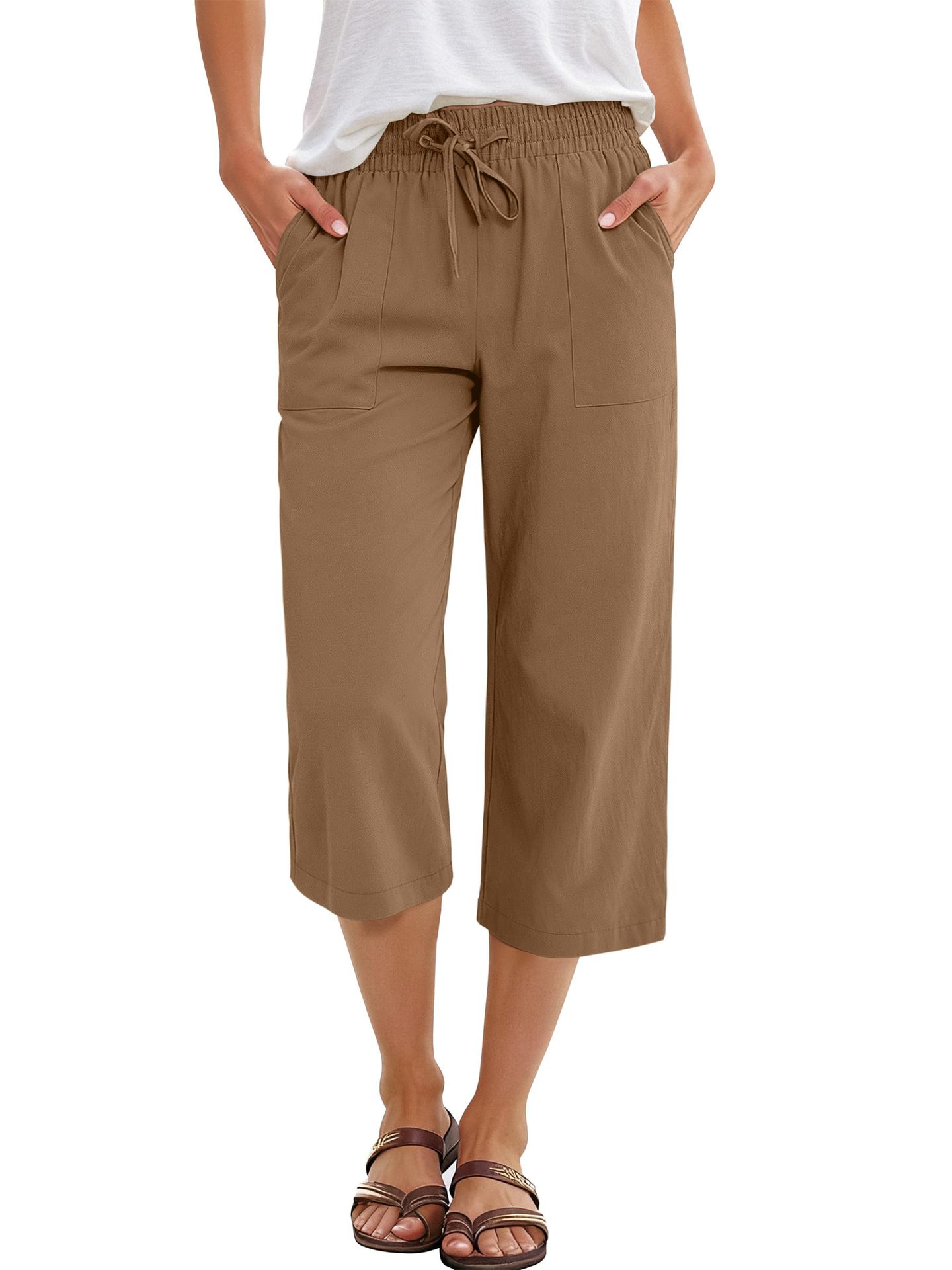 Wish Spring And Autumn European And American Women's Fashion Solid Color Cotton Linen Loose Drawstring Wide-Leg Casual Pants For Women — image 10 of 16
