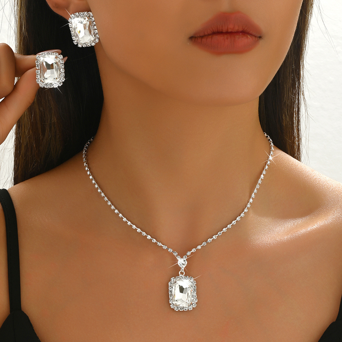 Colier și cercei simpli, dreptunghiulari, din sticlă și cristal, accesorii pentru petreceri de