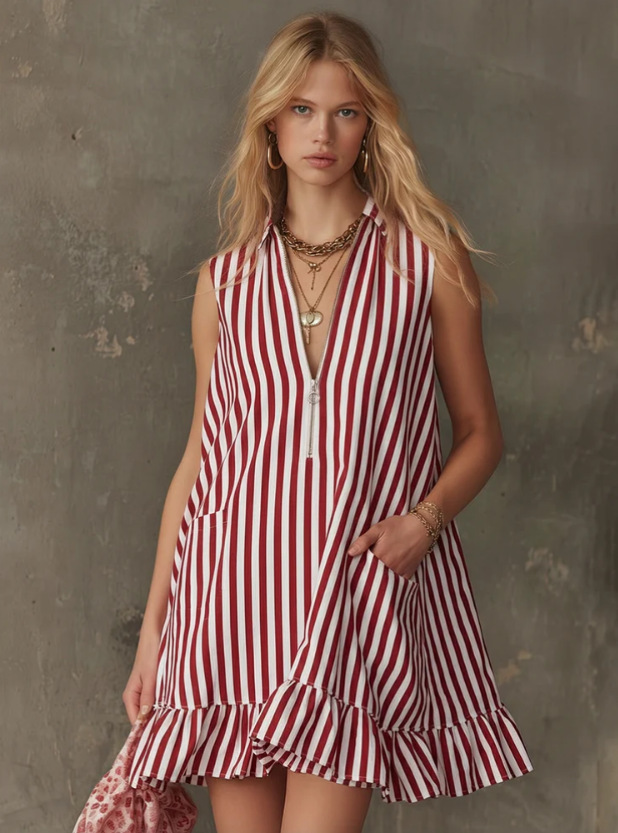 Vintage Casual Zip-Up V-Neck Color-Block Striped Sleeveless Ruffle