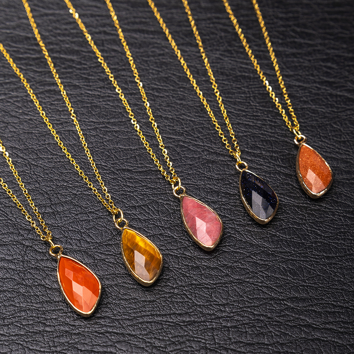 Zhuhang Jewelry Cross-Border Popular Natural Crystal Pendant Aventurine Amethyst Marquise Necklace Jewelry Factory Direct Sales