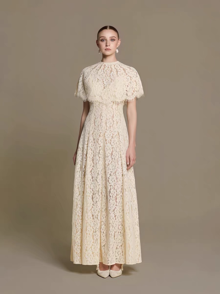 Cream Floral Lace Cape Overlay Maxi Dress