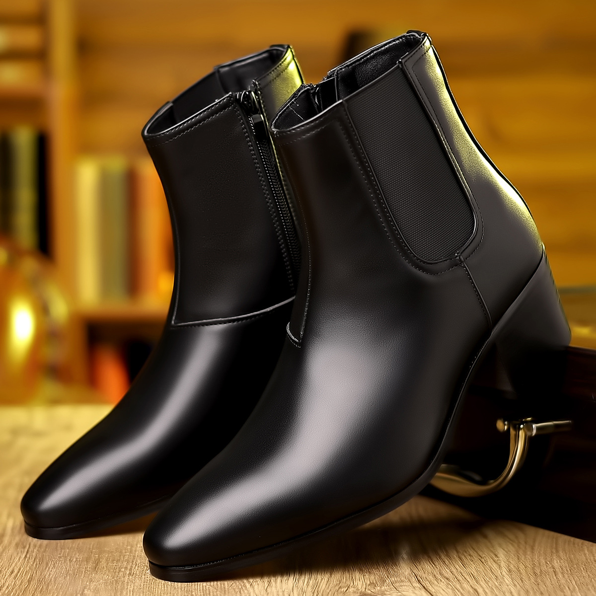 Men's Pointed-Toe Block-Heel Chelsea Boots - black product view showing elastic side panel, zip and pointed toes