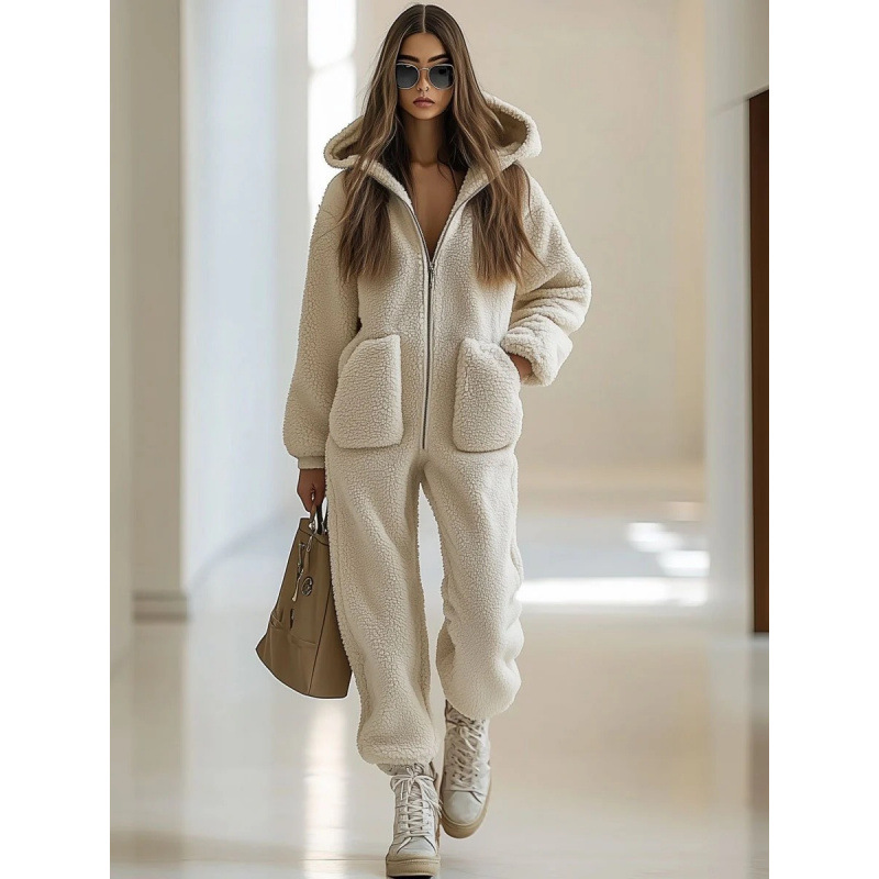 European And American Cross-Border 2026 Autumn And Winter New Women's Fashion Hooded Pocket-Decorated Loose Straight Plush Jumpsuit Long Pants product image