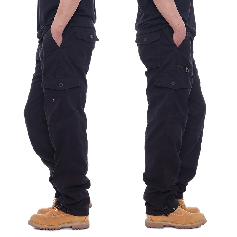 Men's Casual Cotton Work Pants With Elastic Waist, Large Size, Multi-Pocket, Loose Fit, Long Pants For Construction Site