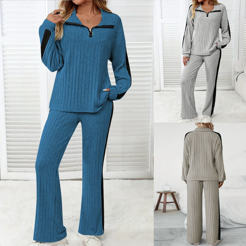 Set de trening pentru femei din tricot cu nervuri, cu fermoar 1/4, compus din bluză cu mâneci lungi și guler ridicat și pantaloni evazați cu dungi laterale