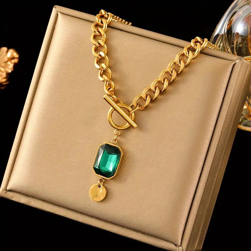 New Retro Fashion Exaggerated Chunky Chain Green Square Zircon Pendant Choker Necklace For Women, Short Clavicle Neck Jewelry product image