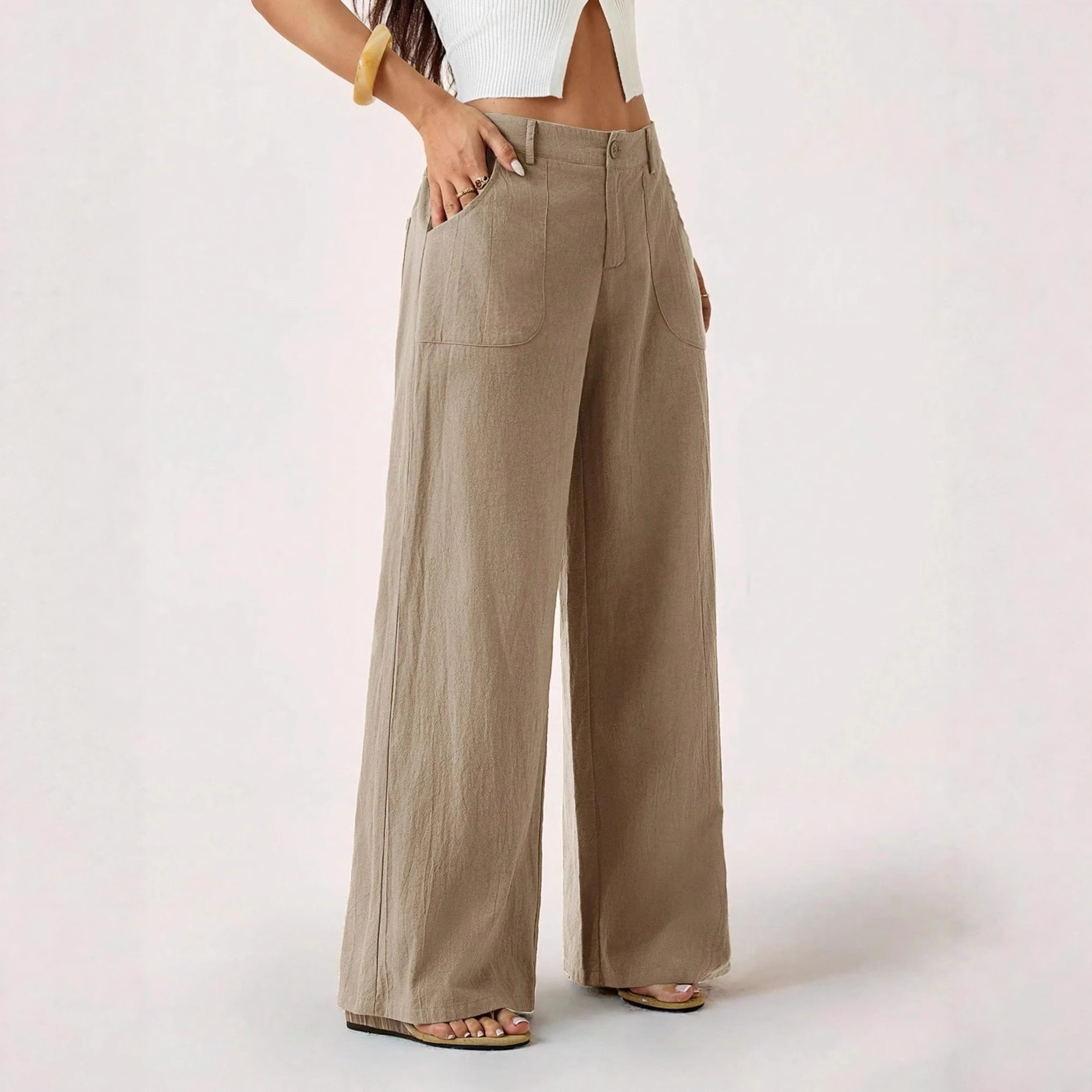 2026 New Style Women's Cotton Linen Wide Leg Pants, Mid Rise, Casual And Commuter Style, Solid Color With Pockets — image 11 of 17
