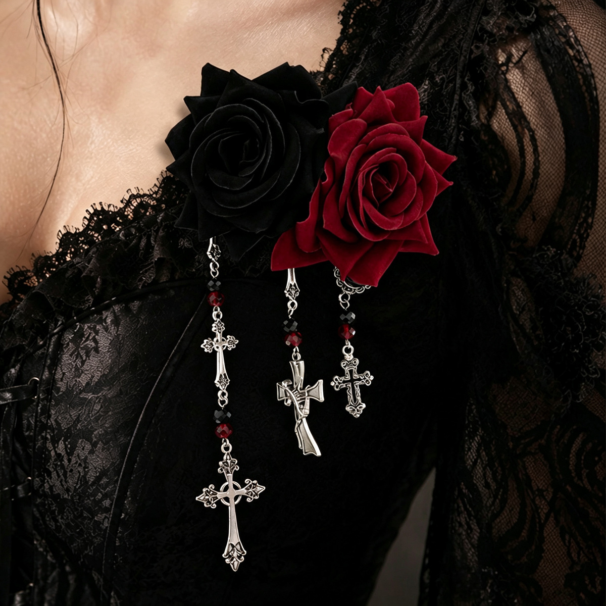 Gothic Dark Vintage Velvet Rose Brooch Pin With Antique Cross Pendant
