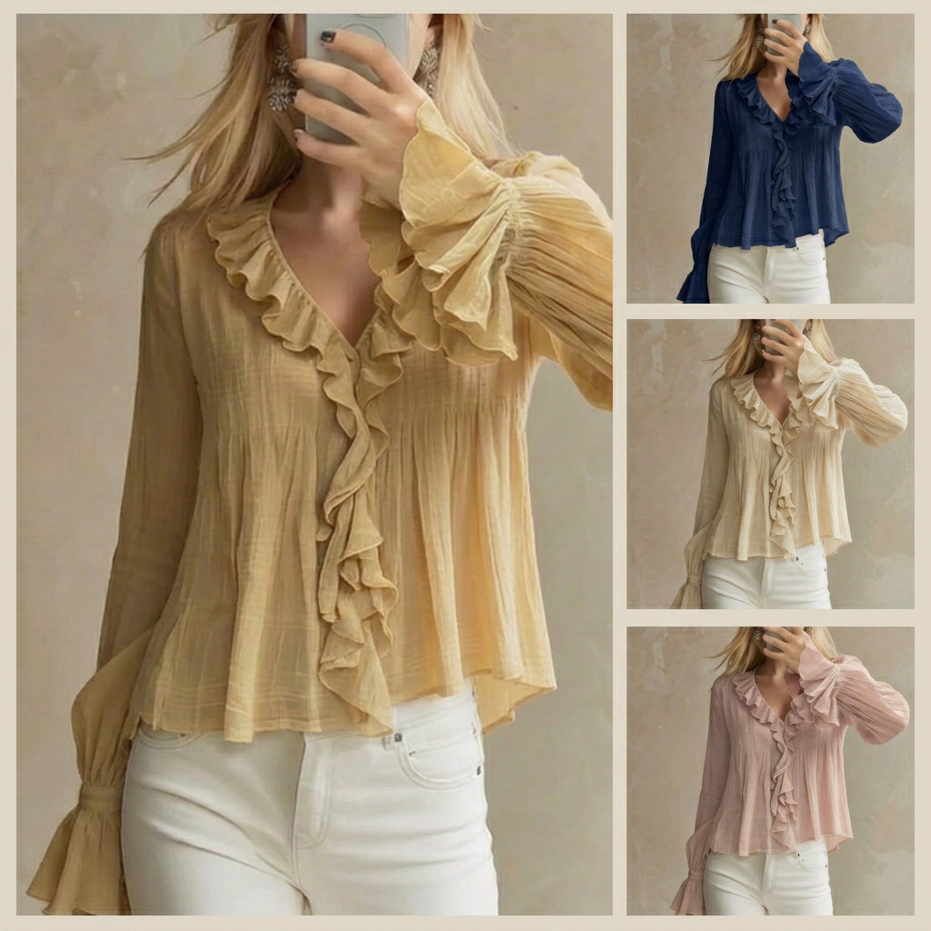 2026 European And American Cross-Border Sweet Style Ruffled Thin Shirt For Women, Summer And Early Autumn Versatile Flared Long-Sleeve Top
