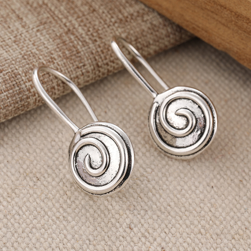 Vintage Spiral Round Drop Earrings Silver Tone