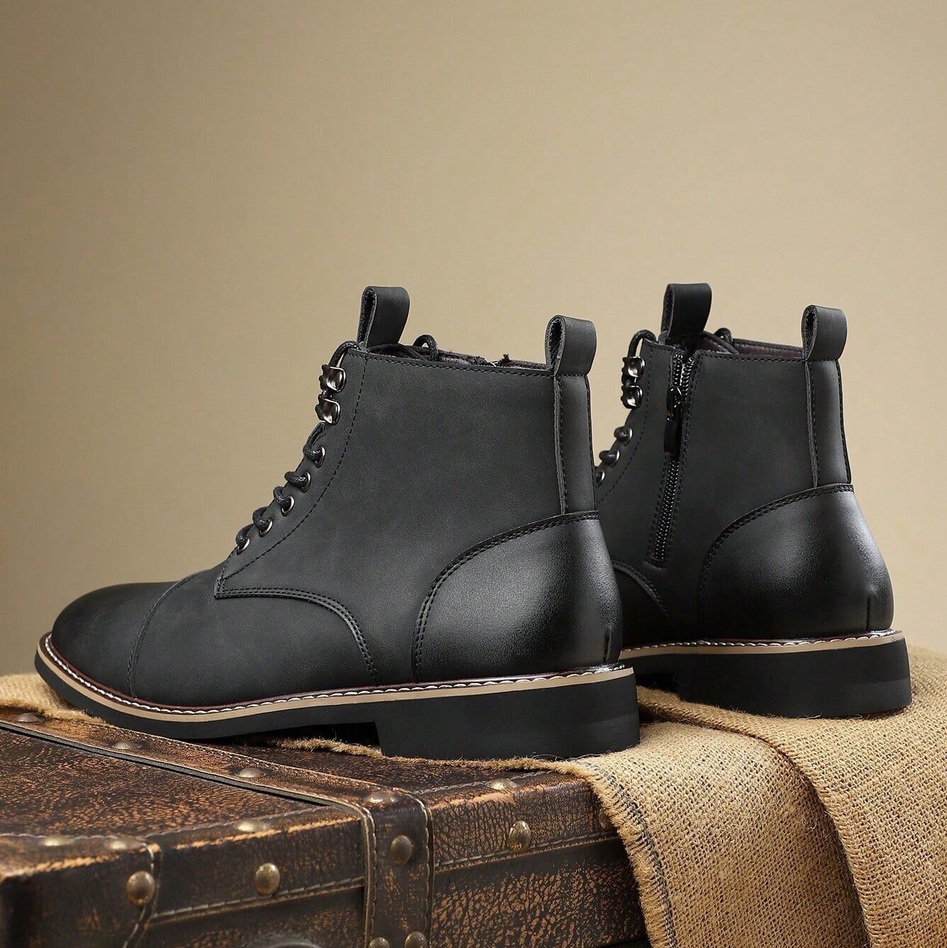 Men's Cap-Toe Lace-Up Ankle Boots - black rear and side view showing zip, heel panels and contrast edge stitching