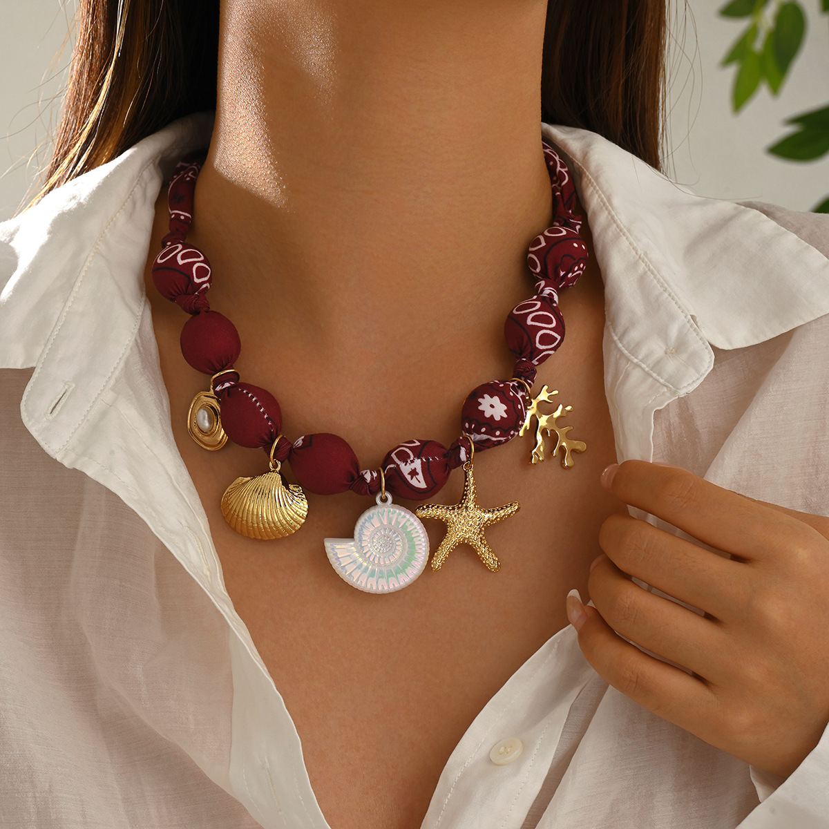 European And American Cross-border Ocean-style Necklace, Unique Starfish And Shell Design, Versatile Long Silk Scarf Collarbone Chain For Women