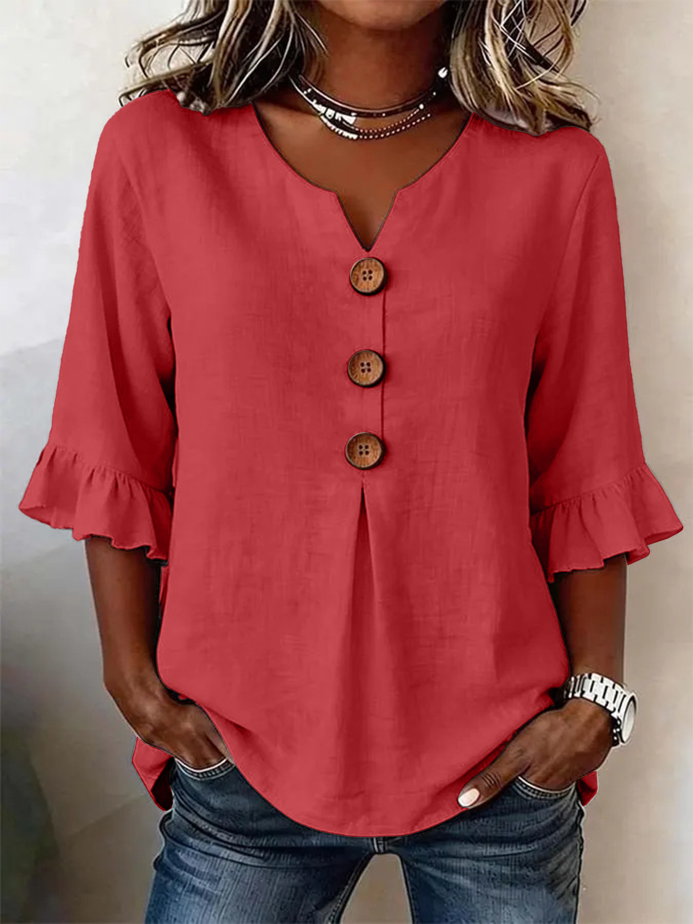 2026 Summer Women's V Neck Cotton Linen Button Up Shirt Solid Color Button Design Short Sleeve — image 12 of 15