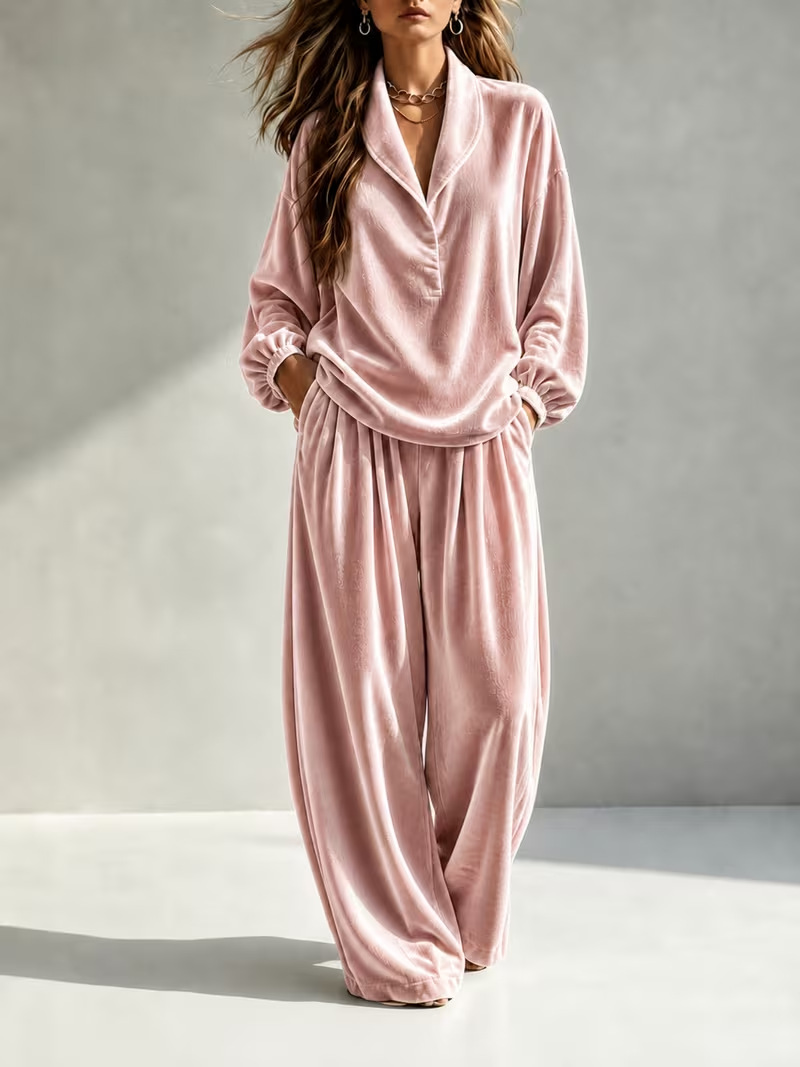 European And American Women's Clothing Amazon Independent Station Autumn And Winter New Casual Fashion Velvet Long Sleeved Pants Lapel Set