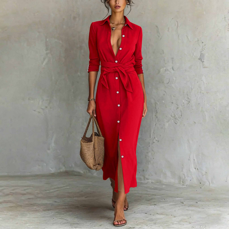 New European And American Cross-border Amazon Independent Site Long-sleeve Elegant Casual Tie-button Shirt Dress