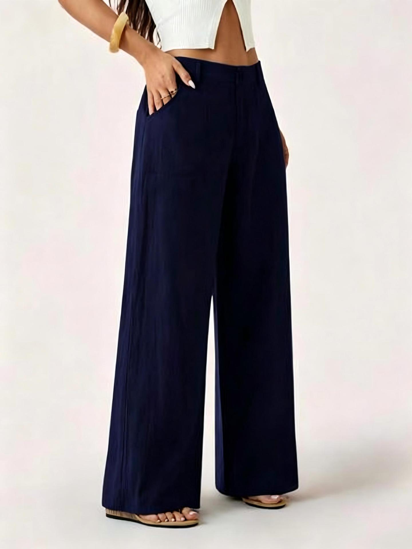 2026 New Style Women's Cotton Linen Wide Leg Pants, Mid Rise, Casual And Commuter Style, Solid Color With Pockets — image 7 of 17