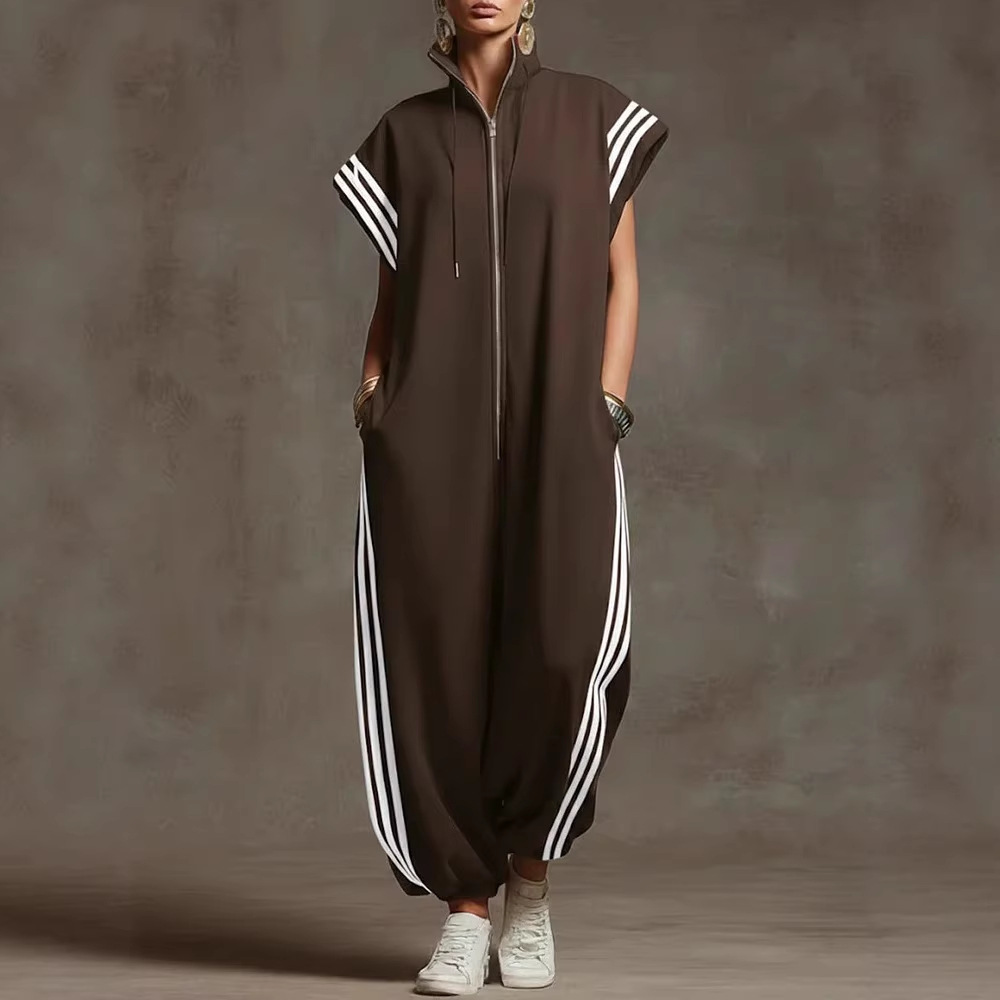 2026 European And American Cross-Border Foreign Trade Spring And Summer Zippered Stand-Collar Striped Color-Blocking Fashion Jumpsuit