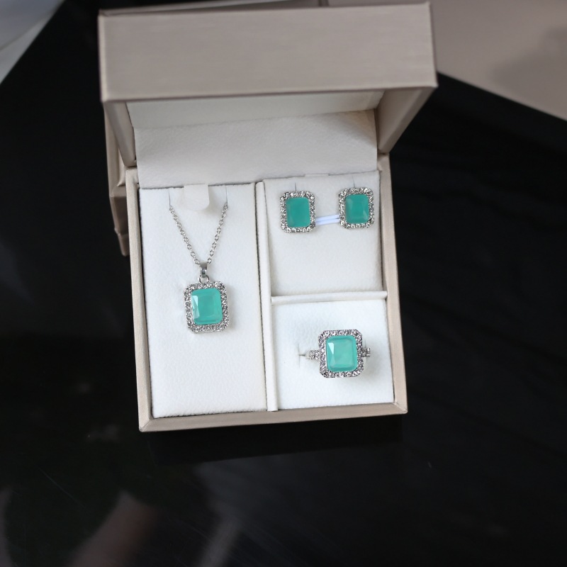 Set la modă din trei piese „Jelly Moonlight Blue Zircon” – colier, cercei și inel – bijuterii simple și versatile pentru femei