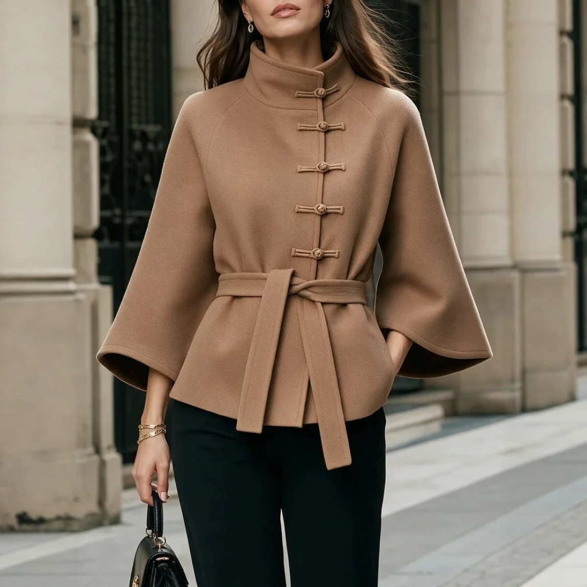 Style Stand Collar Buckle Waist Wool Coat Women's Autumn