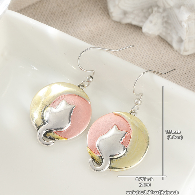 Cute Cat Moon Drop Earrings Silver Tone Brass Women Blush Gold Daily Fashion Jewelry Elegant