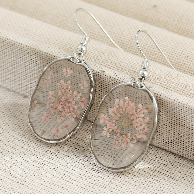 Vintage Pressed Flower Resin Drop Earrings Silver