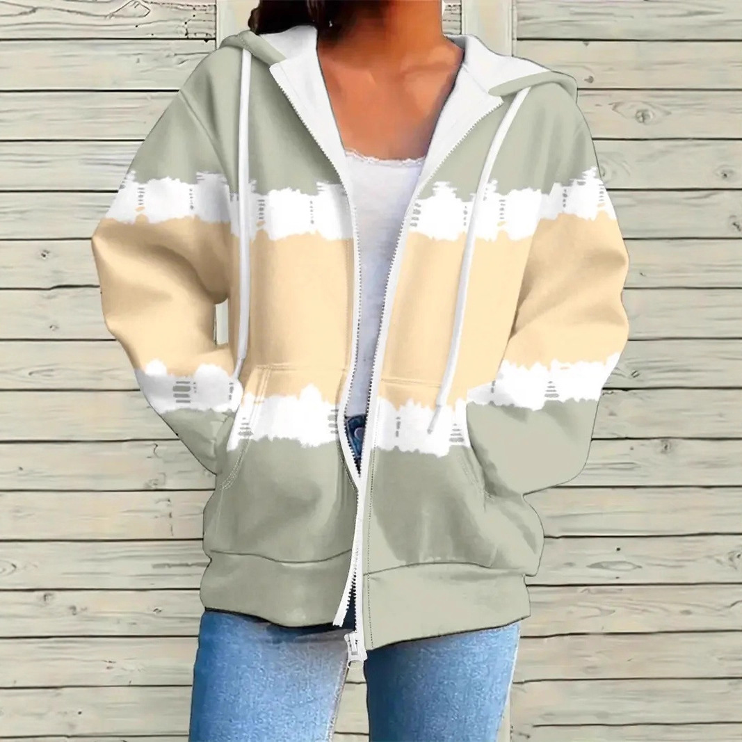 Cross-Border European And American 3D Digital Printed Hooded Sweatshirt Cardigan Jacket Women's Autumn And Winter Color Matching Casual Hoodie Printed Top