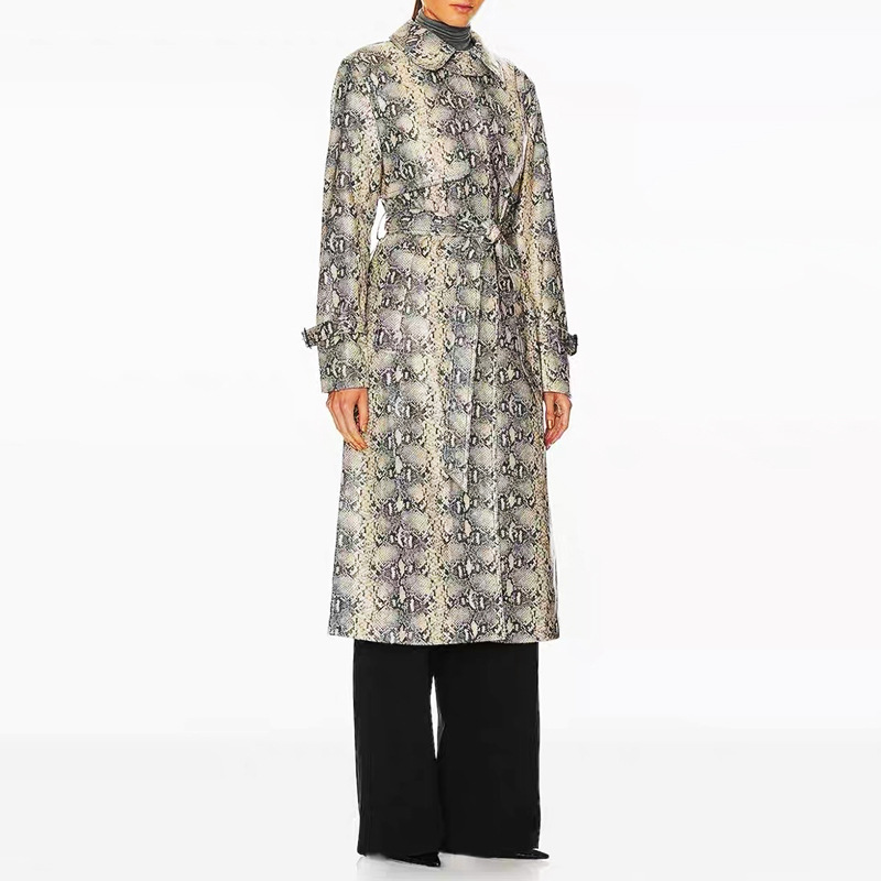 Snake-Print Faux Leather Long Trench Coat