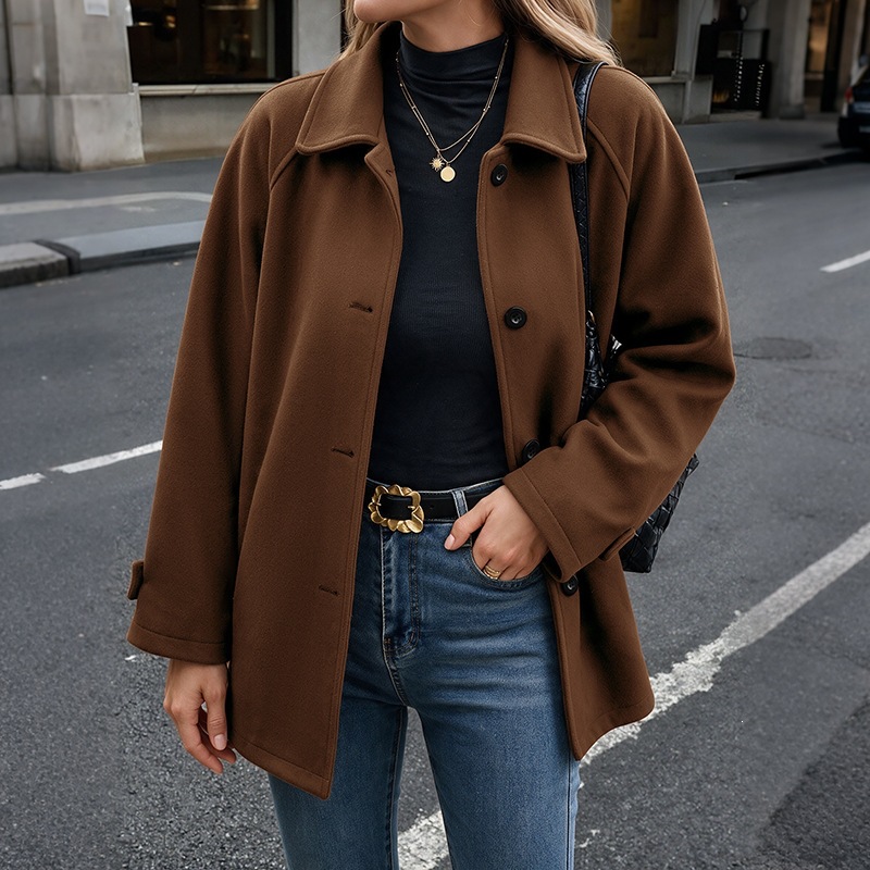 2026 Fall Winter New Solid Color Woolen Coat, European And American Cross-Border Trade, Turn-Down Collar, Buttoned Mid-Length Coat For Women