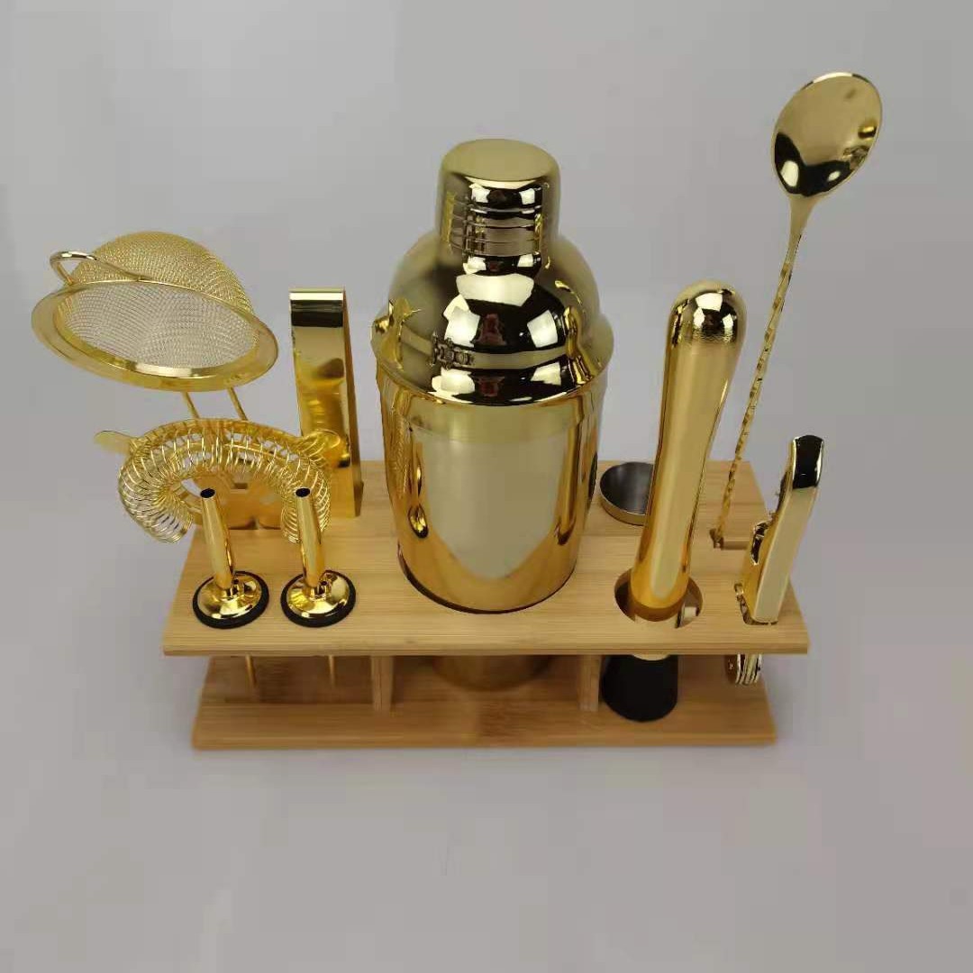 Set complet de shaker pentru cocktailuri cu suport de bambus, shaker pentru cocktailuri din oțel inoxidabil, decantor pentru cocktailuri și instrumente
