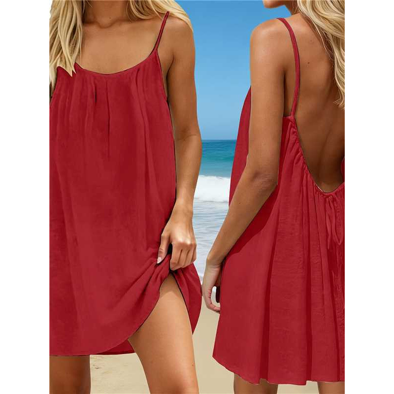 Women's Ice Silk Crinkled Solid Color Ruched Backless Slip Mini Dress Beach Vacation Dress
