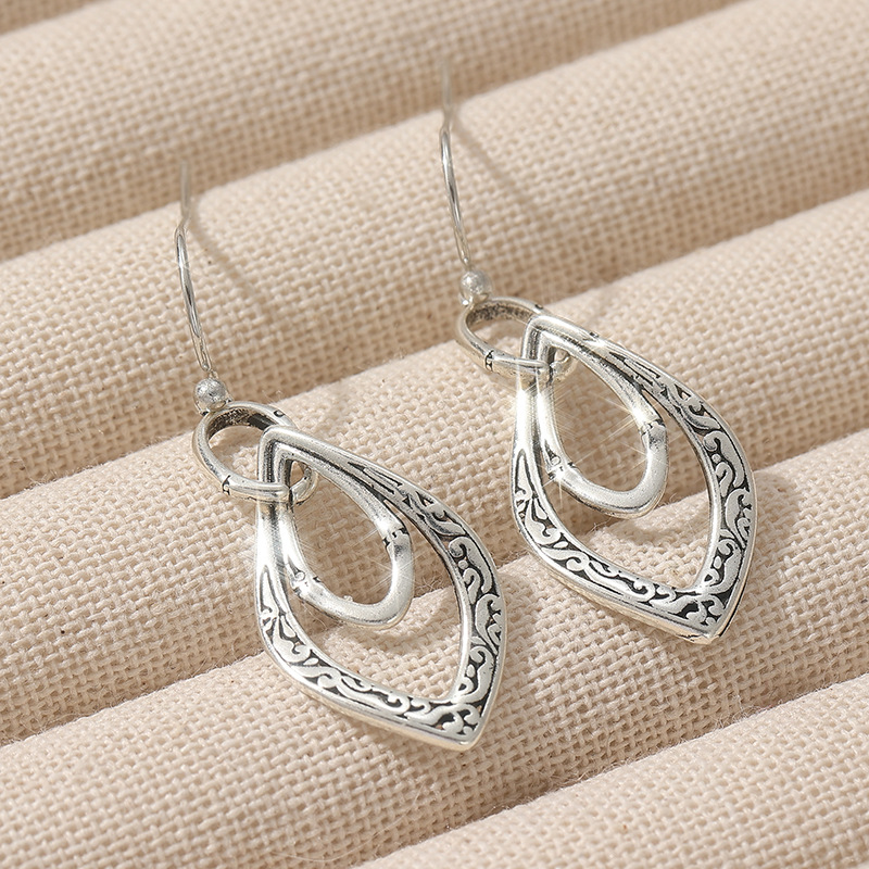 Vintage Layered Teardrop Drop Earrings Silver Tone