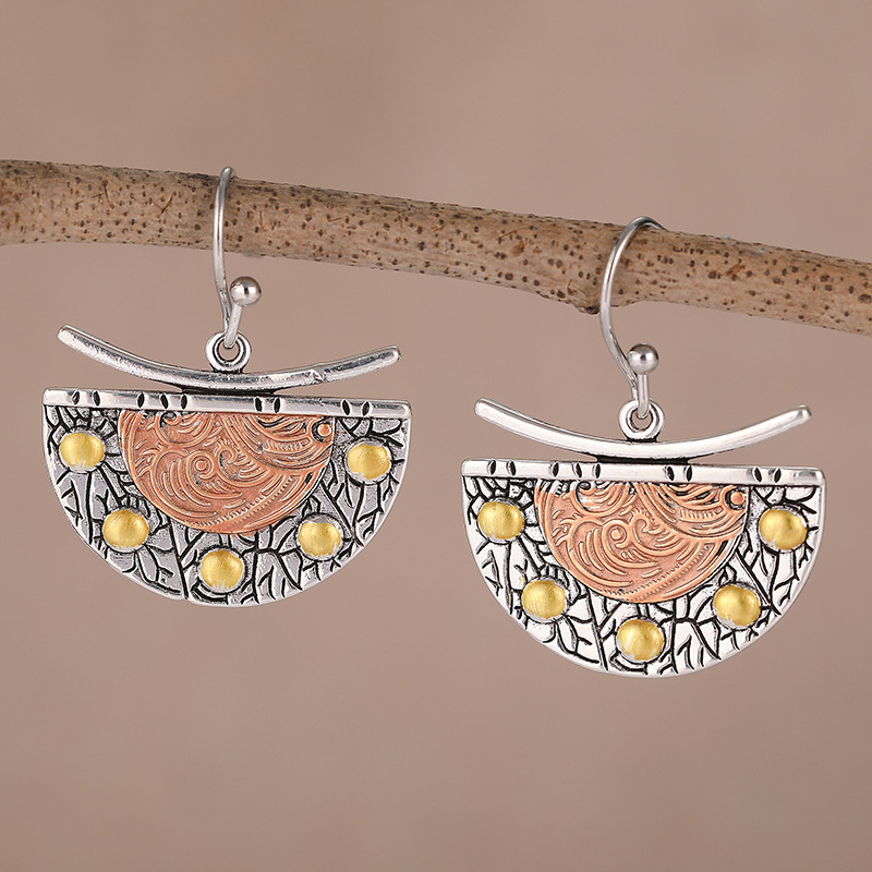 Two Tone Textured Fan Drop Earrings Brass Women Boho Geometric Daily Party Fashion Jewelry Statement