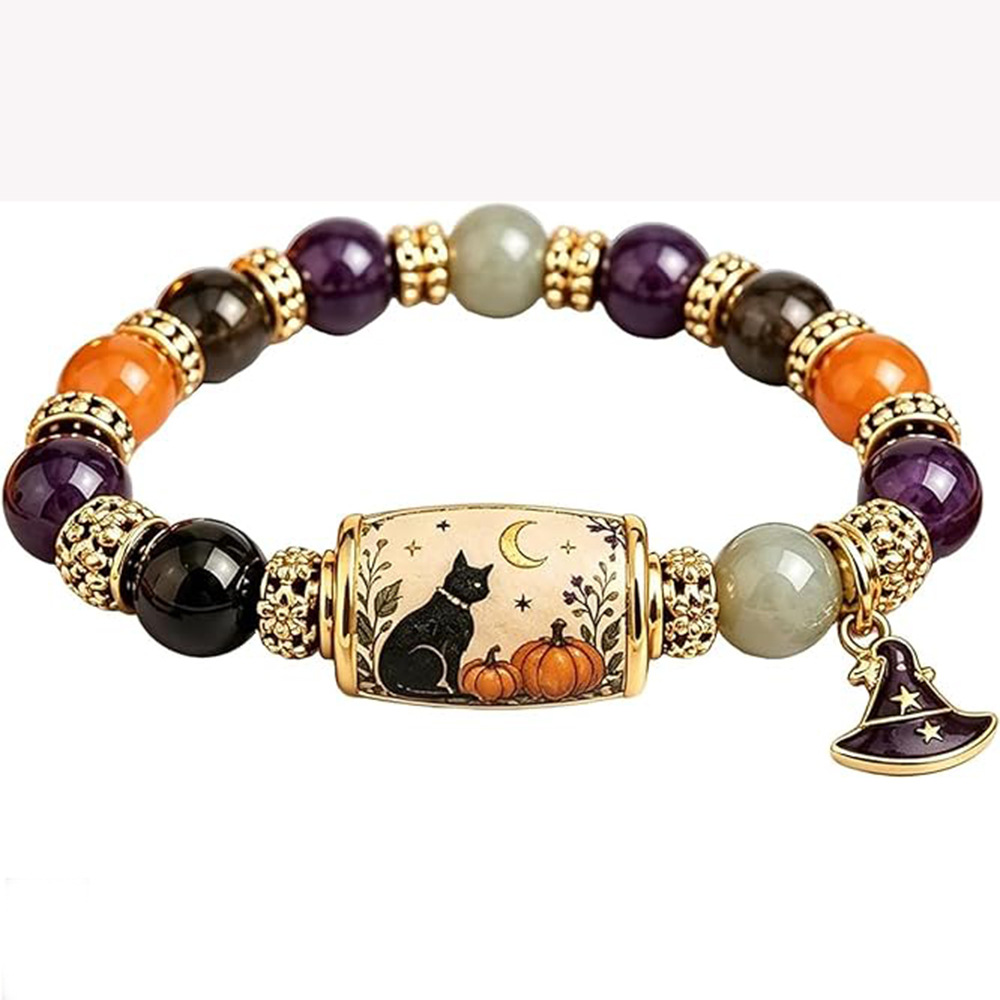 Spooky Halloween Beaded Bracelet Vintage Witch Cat Pumpkin Jewelry For Women