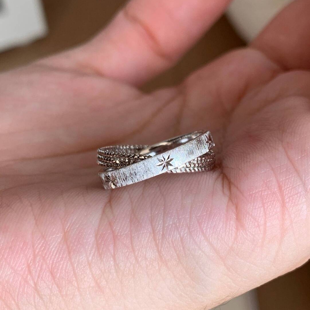 Vintage-Style Brushed Double-Ring Mercury-Themed Handmade Starburst Ring