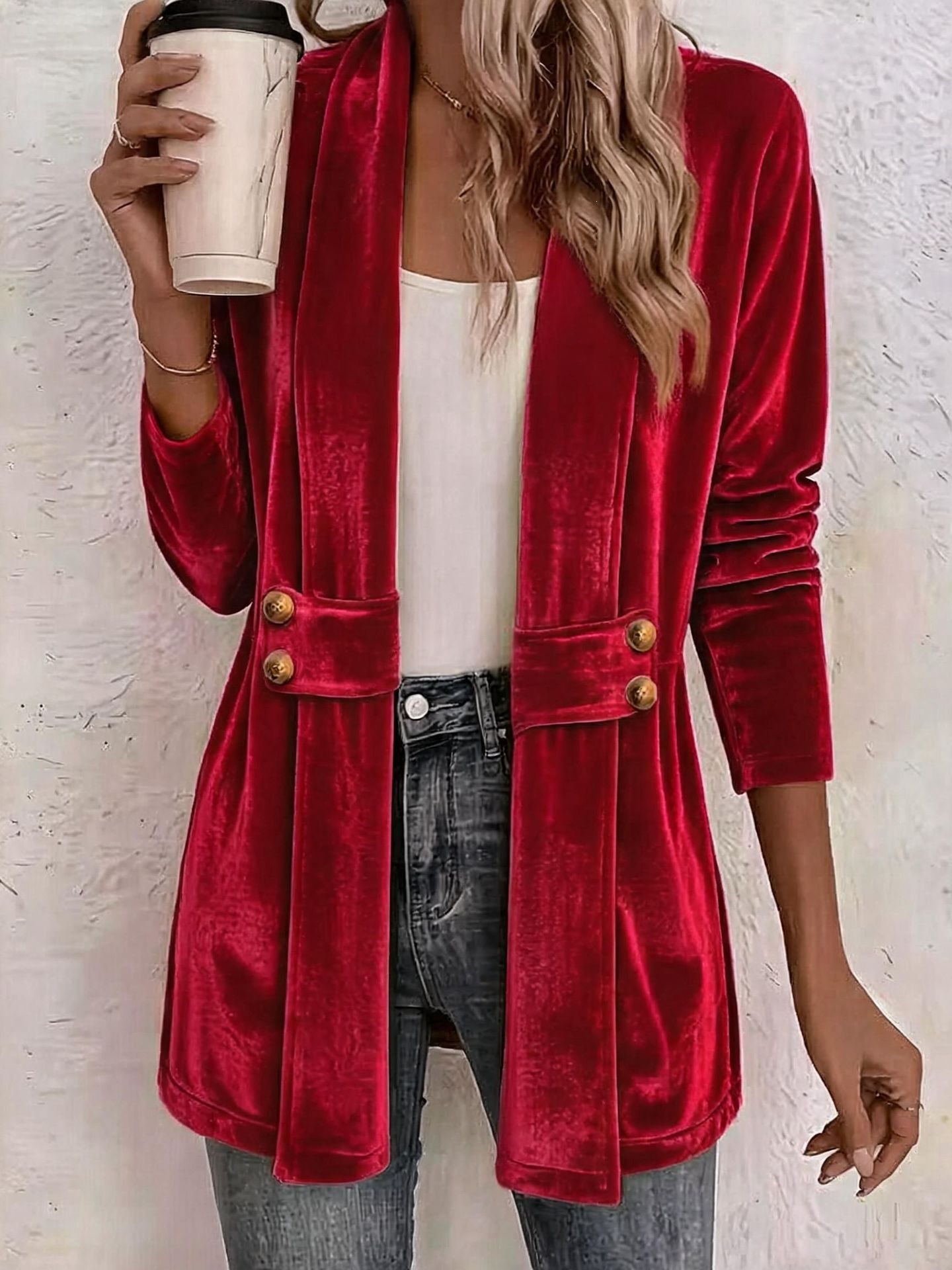 Women Velvet Open Front Cardigan Long Sleeve Double Button Decor Casual Outerwear Coat