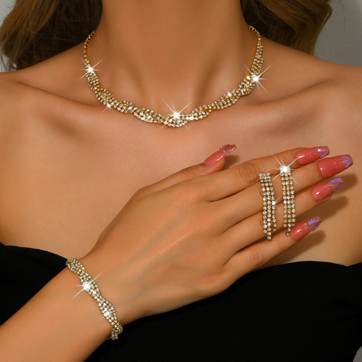 European And American New Super Flash Twist Necklace Bracelet Earrings Three-Piece Set Fashionable Accessible Luxury High-End Environmentally Friendly Jewelry Set product image
