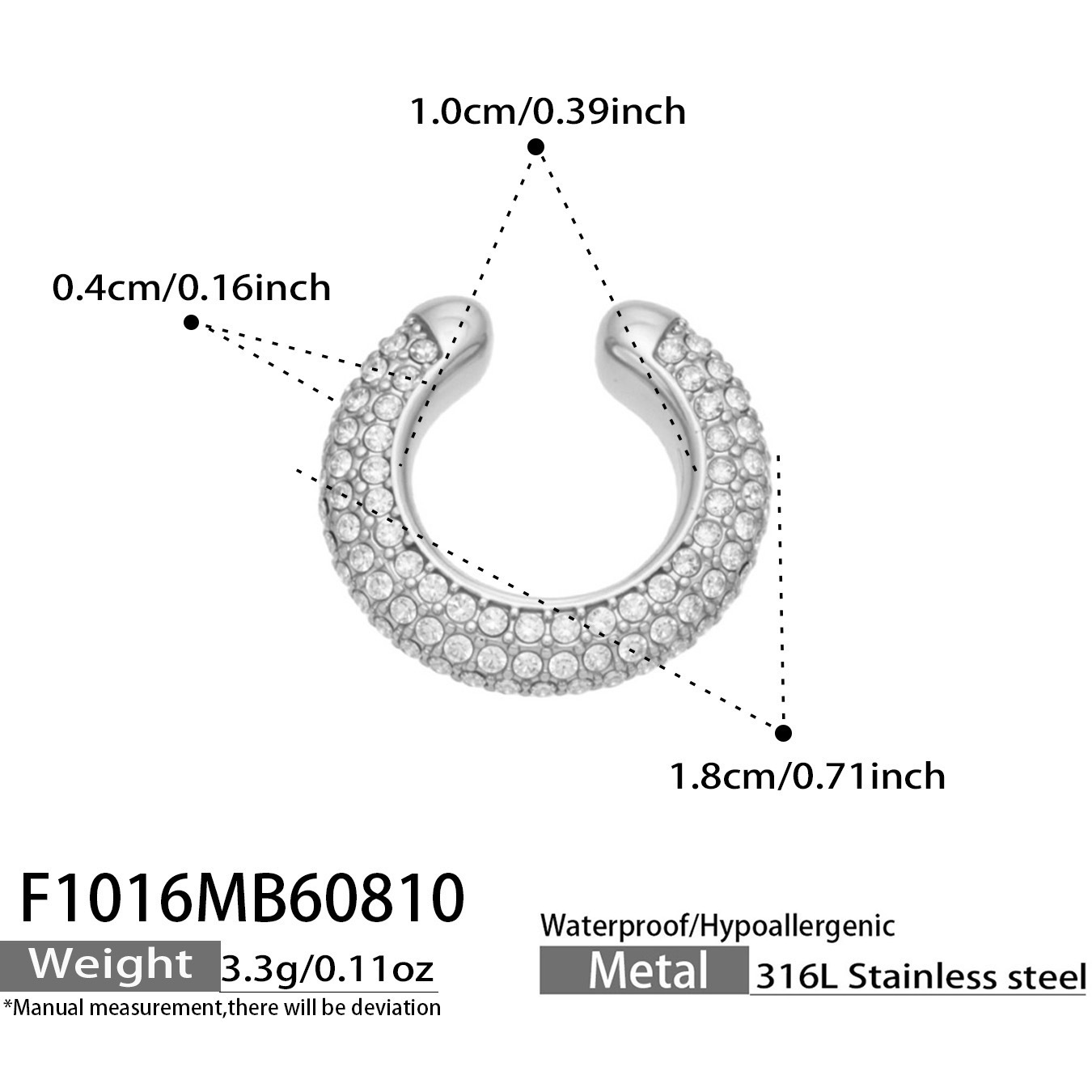 C Shape Color Zircon Clip On Earrings Gold Plated Titanium Steel Fashion Women Ear Jewelry For Daily Dating Banquet Party Occasions