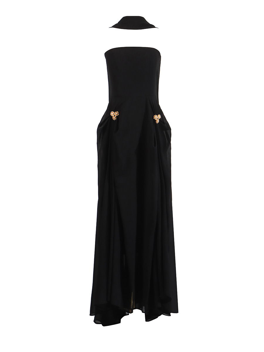 Black Lace Bodice Twist-Waist Midi Evening Dress