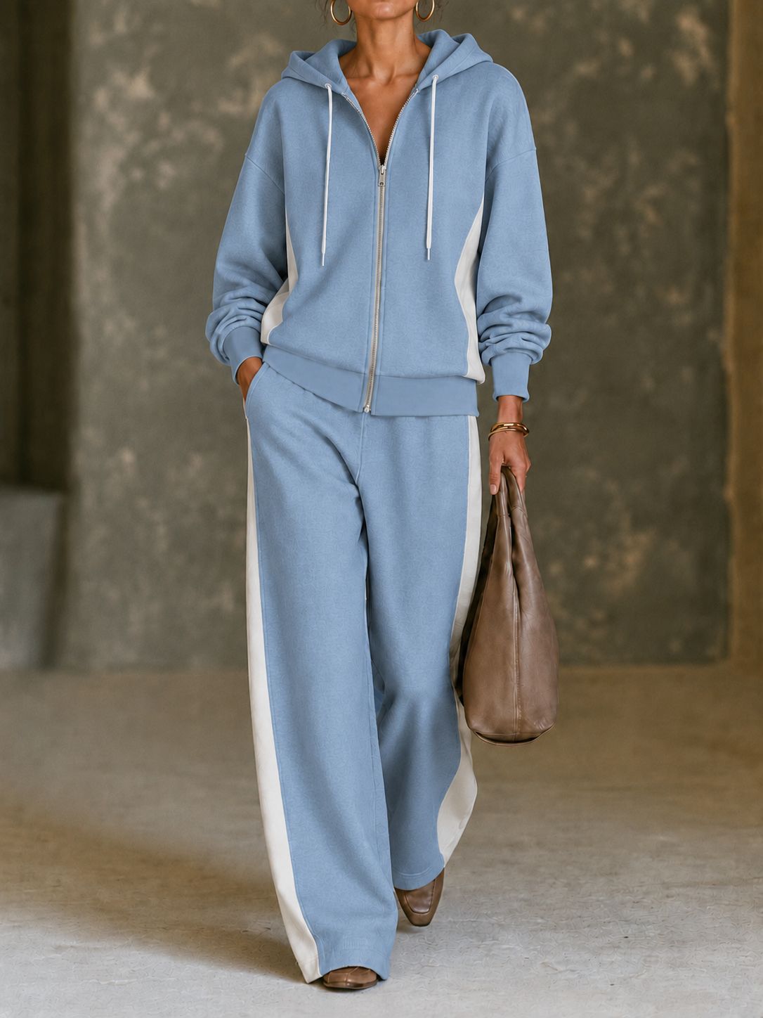 Women 2 Piece Tracksuit, Color Block Zip Up Hoodie & Wide Leg Pants Set, Casual Sweatshirt Jogger Outfit For Fall Winter